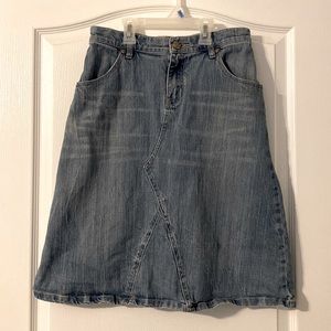 Style J Knee Length Light Wash Denim A-Line Skirt